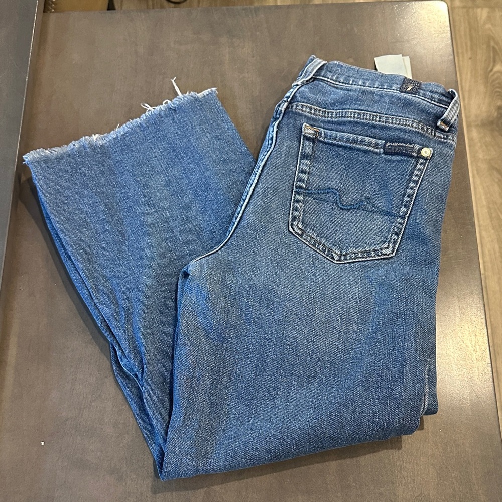 7 For All Mankind Women's Straight Leg Jeans in Blue with Raw Hem